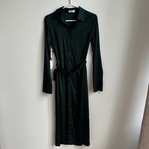 Babaton Dark Green Long-Sleeve Button Shirt Dress with Tie